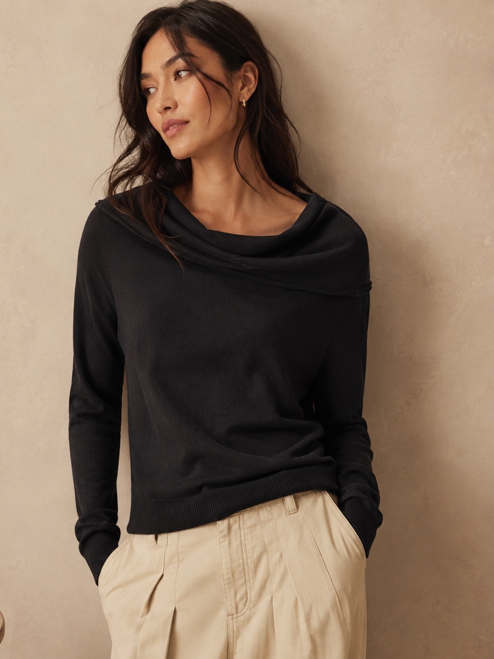Anthropologie Black Draped Cowl Neck Sweater Cashmere Blend